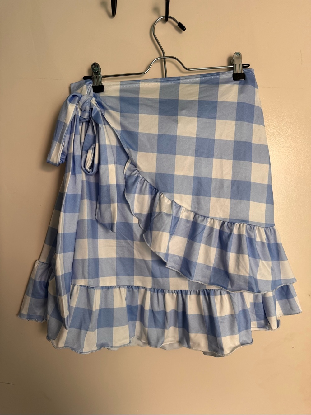 Blue and white gingham ruffle hem wrap skirt